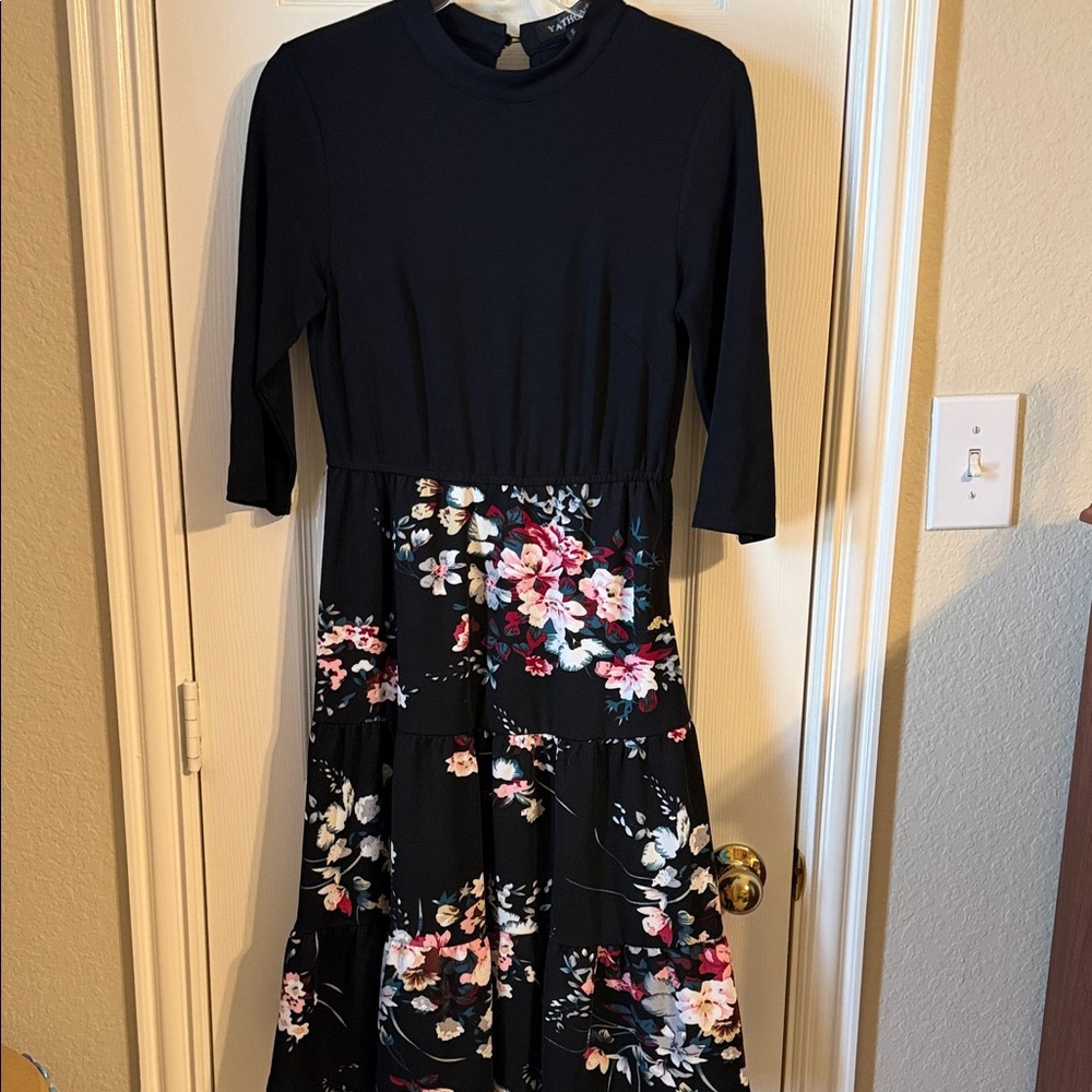 Unknown Brand Black Floral Tiered Midi Dress with Pink Accents